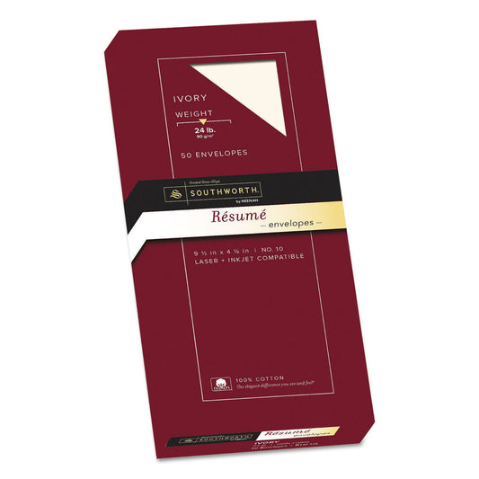 Southworth 100% Cotton Resume Envelope, #10, Commercial Flap, Gummed Closure, 4.13 x 9.5, Ivory, 50/Box (R14I10L)