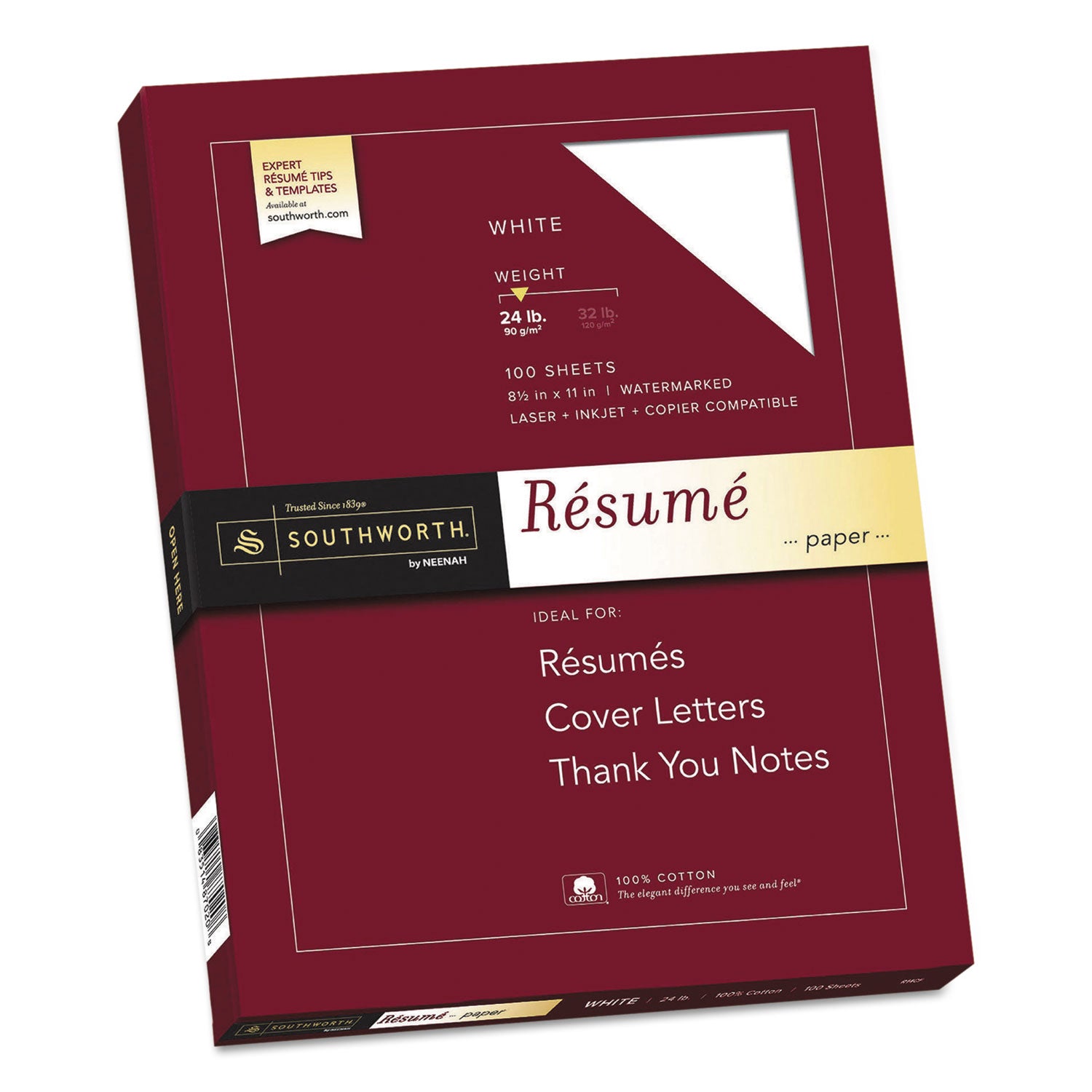 Southworth 100% Cotton Resume Paper, 95 Bright, 24 lb Bond Weight, 8.5 x 11, White, 100/Pack (R14CF)