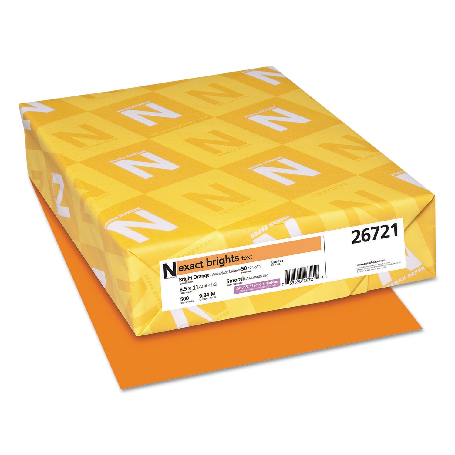 Neenah Paper Exact Brights Paper, 20 lb Bond Weight, 8.5 x 11, Bright Orange, 500/Ream (26721)