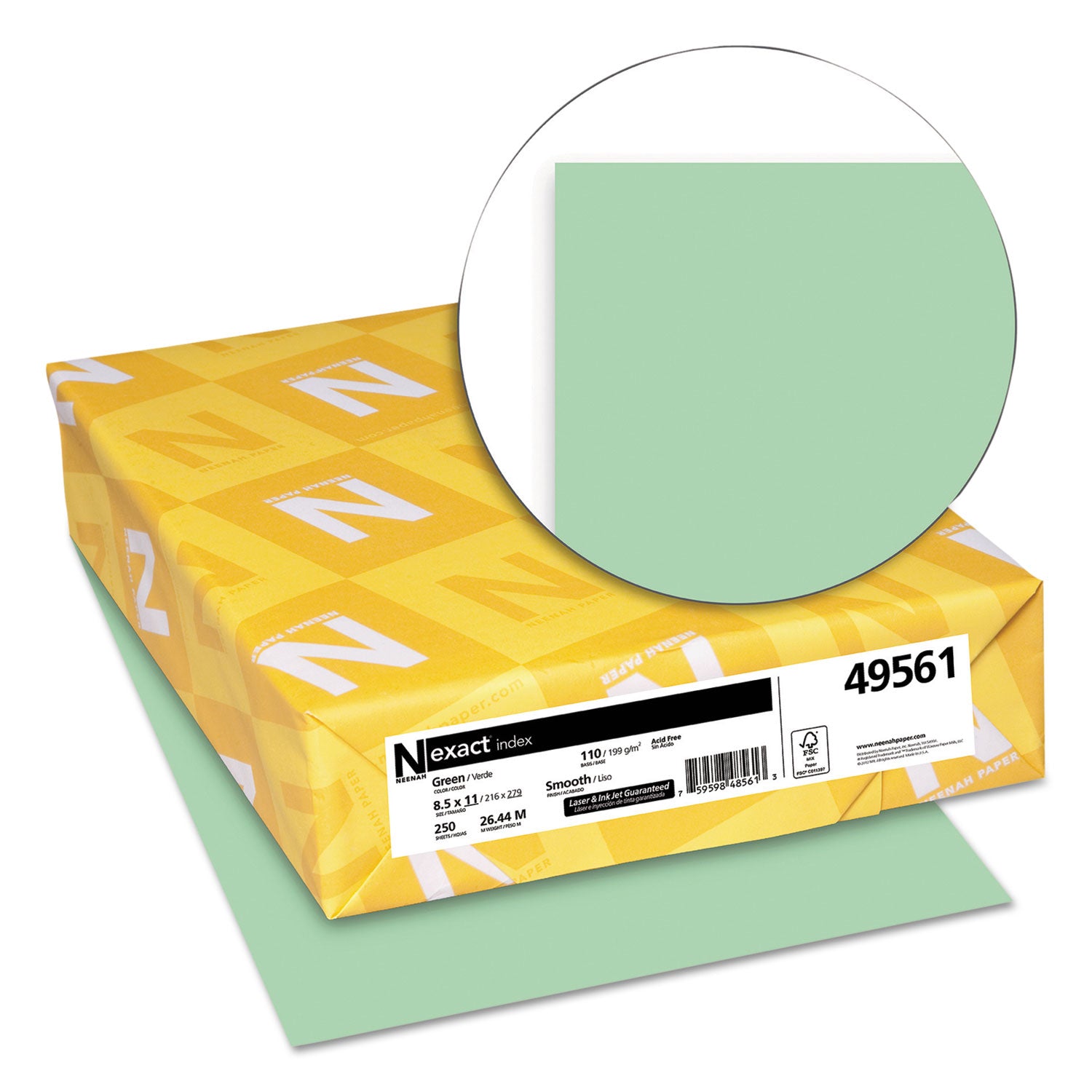 Neenah Paper Exact Index Card Stock, 110 lb Index Weight, 8.5 x 11, Green, 250/Pack (49561)