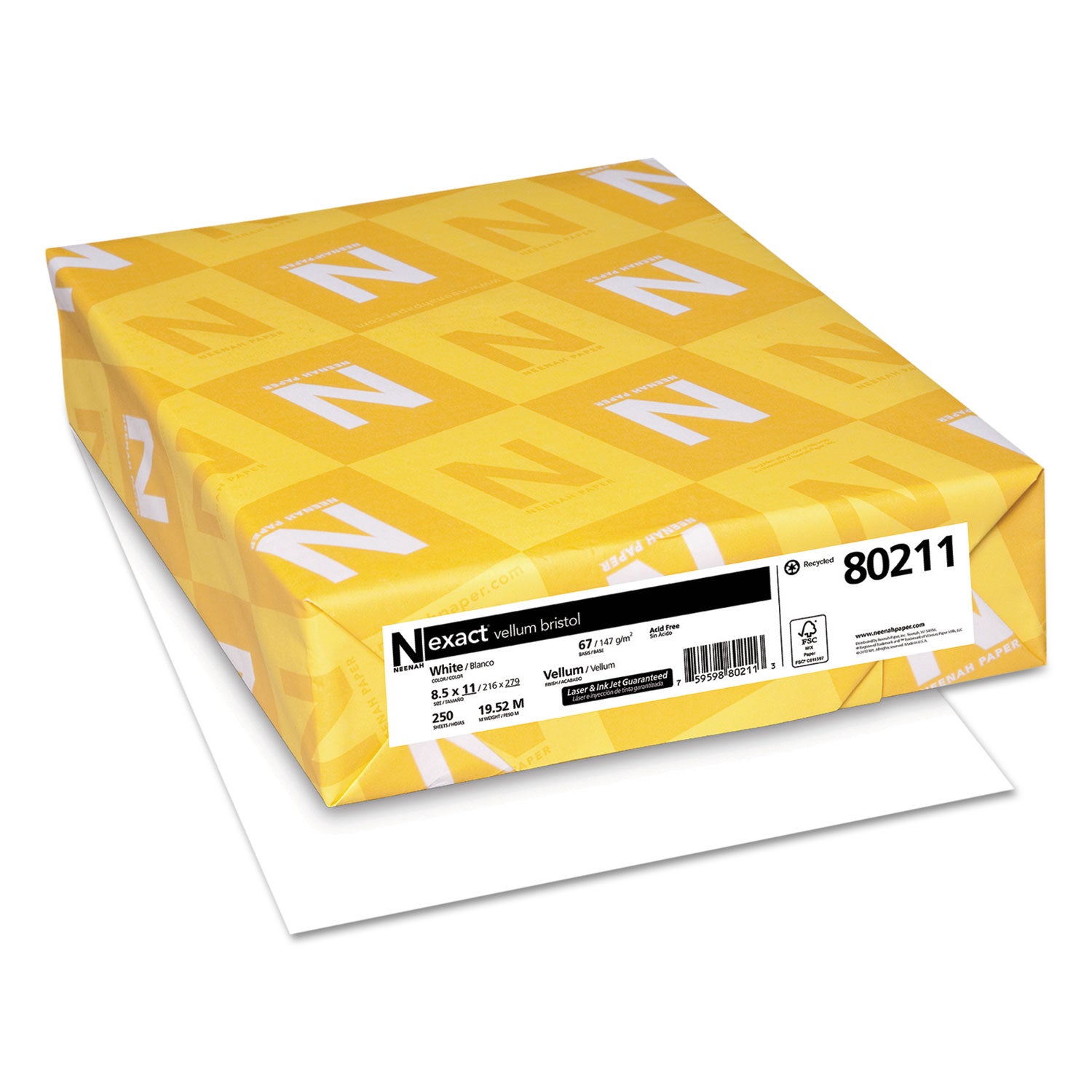 Neenah Paper Exact Vellum Bristol Cover Stock, 94 Bright, 67 lb Bristol Weight, 8.5 x 11, White, 250/Pack (80211)