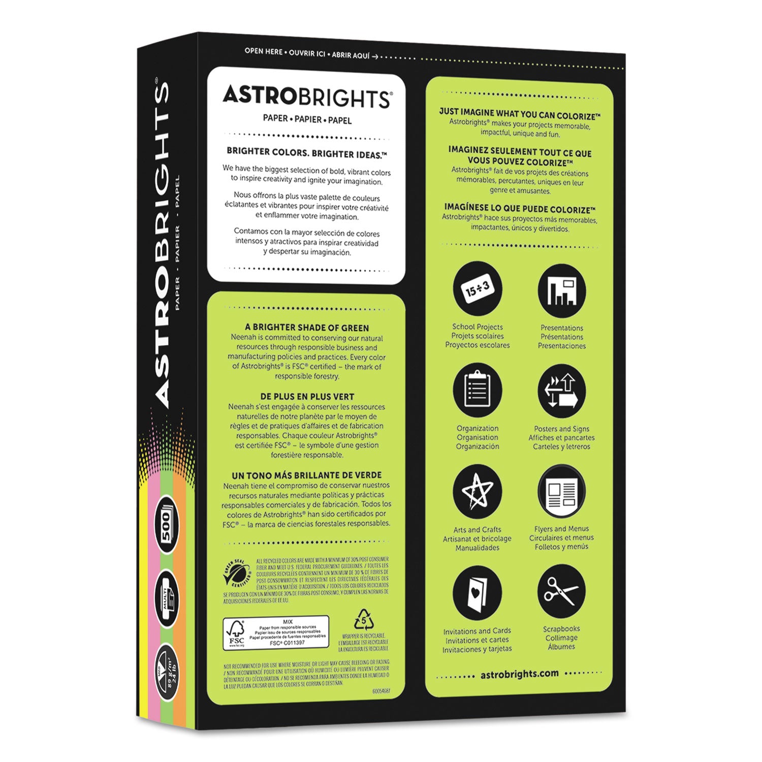 Astrobrights Color Paper - "Neon" Assortment, 24 lb Bond Weight, 8.5 x 11, Assorted Neon Colors, 500/Ream (20270)