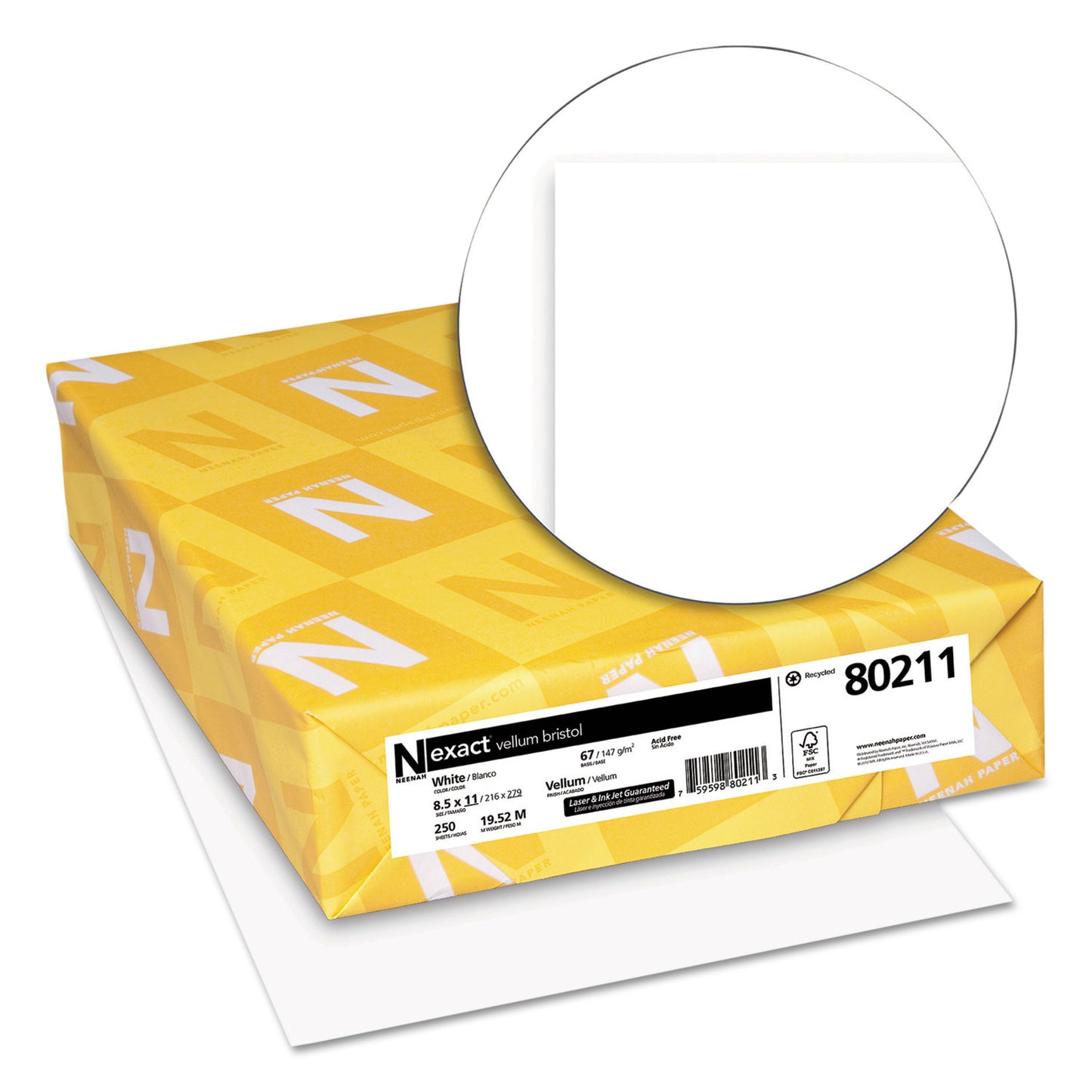 Neenah Paper Exact Vellum Bristol Cover Stock, 94 Bright, 67 lb Bristol Weight, 8.5 x 11, White, 250/Pack (80211)