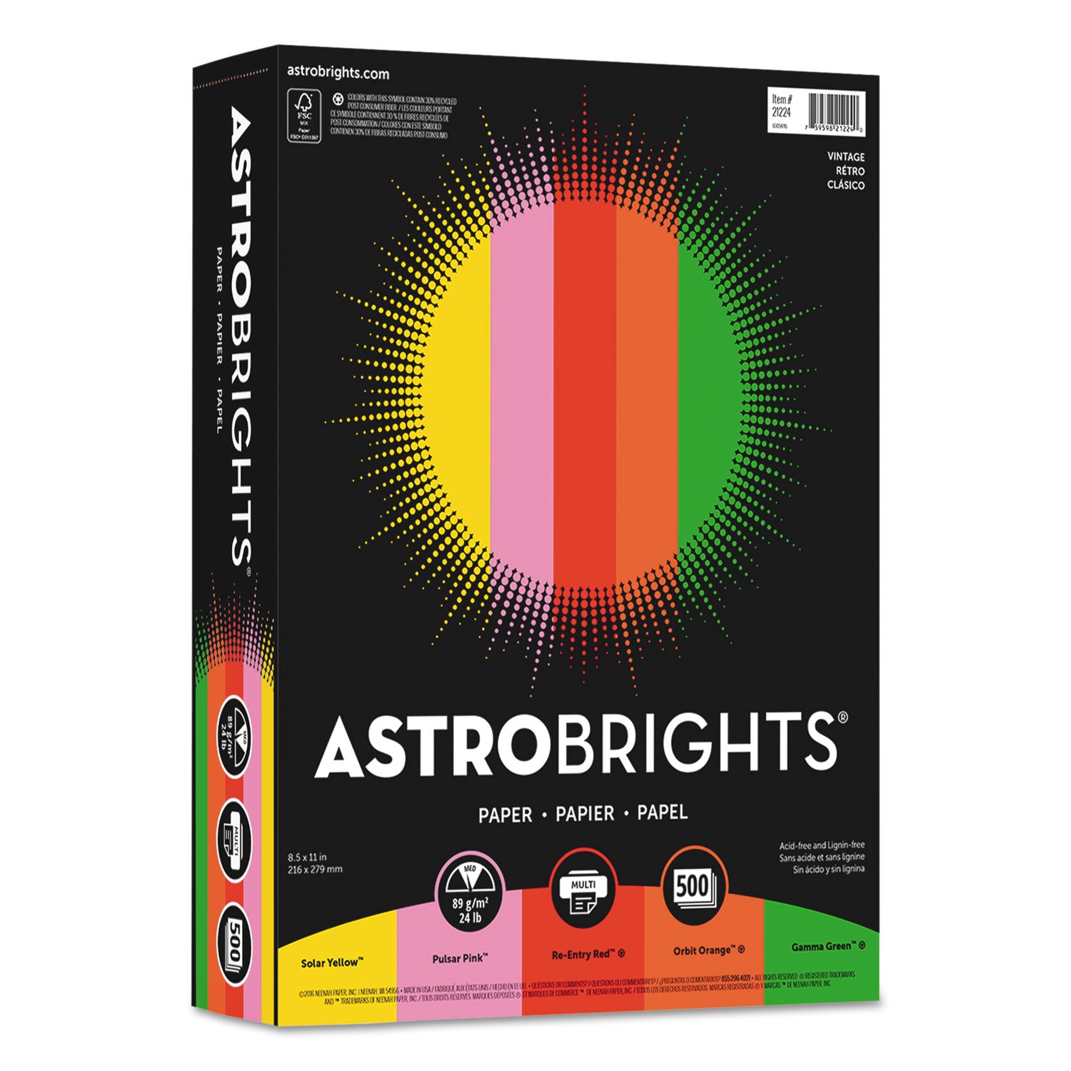 Astrobrights Color Paper -"Vintage" Assortment, 24 lb Bond Weight, 8.5 x 11, Assorted Vintage Colors, 500/Ream (21224)