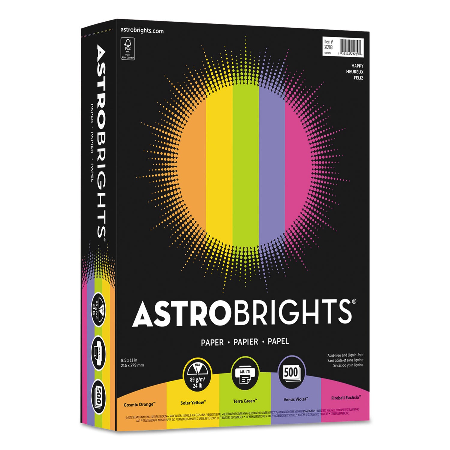 Astrobrights Color Paper - "Happy" Assortment, 24 lb Bond Weight, 8.5 x 11, Assorted Happy Colors, 500/Ream (21289)