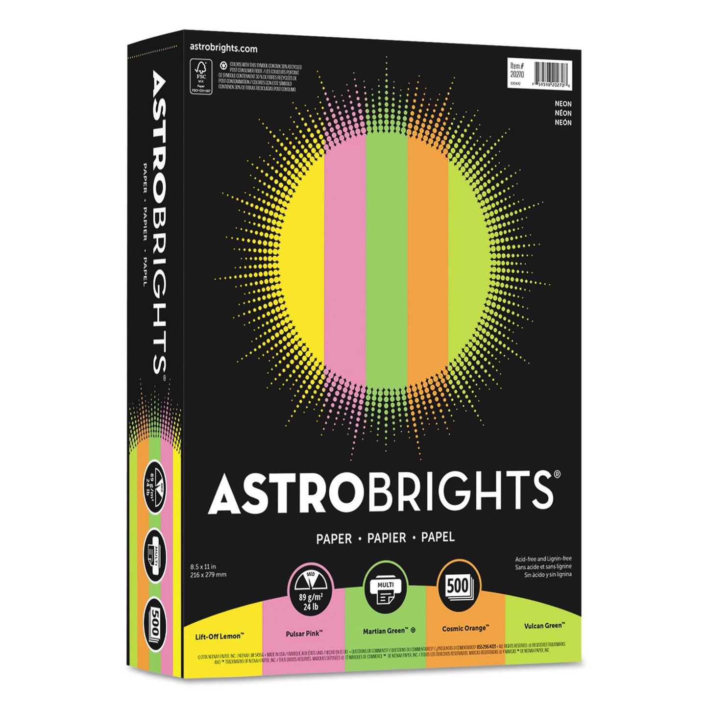 Astrobrights Color Paper - "Neon" Assortment, 24 lb Bond Weight, 8.5 x 11, Assorted Neon Colors, 500/Ream (20270)