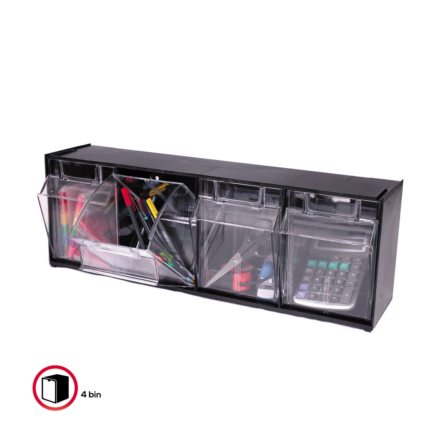 Deflecto Tilt Bin Interlocking Multi-Bin Storage Organizer, 4 Sections, 23.63" x 6.63" x 8.13", Black/Clear (20404OP)