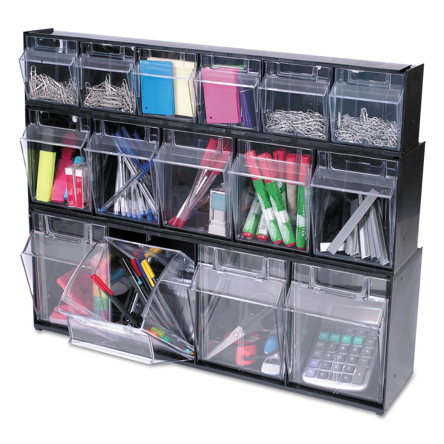 Deflecto Tilt Bin Interlocking Multi-Bin Storage Organizer, 5 Sections, 23.63" x 5.25" x 6.5", Black/Clear (20504OP)