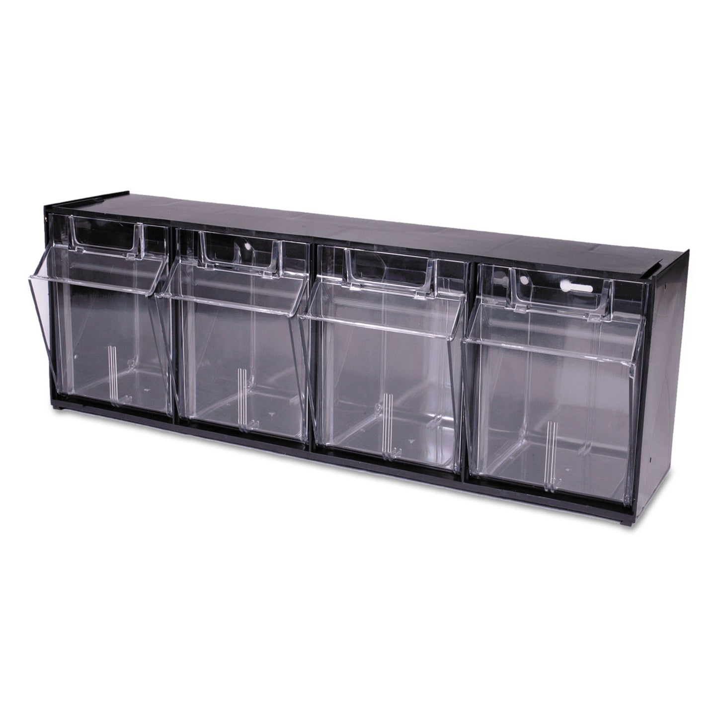 Deflecto Tilt Bin Interlocking Multi-Bin Storage Organizer, 4 Sections, 23.63" x 6.63" x 8.13", Black/Clear (20404OP)