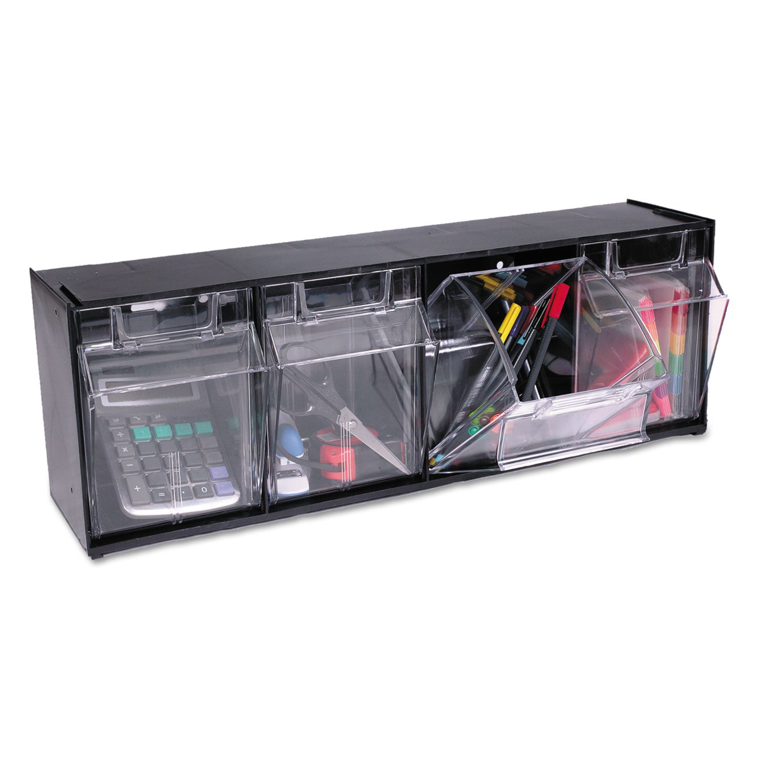 Deflecto Tilt Bin Interlocking Multi-Bin Storage Organizer, 4 Sections, 23.63" x 6.63" x 8.13", Black/Clear (20404OP)