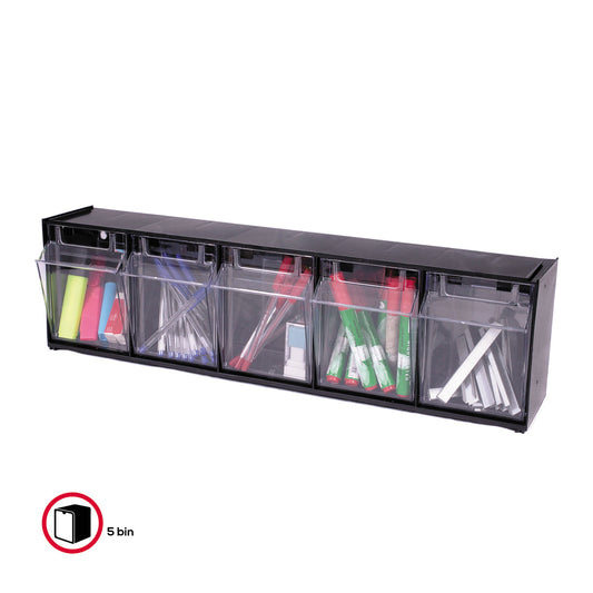 Deflecto Tilt Bin Interlocking Multi-Bin Storage Organizer, 5 Sections, 23.63" x 5.25" x 6.5", Black/Clear (20504OP)