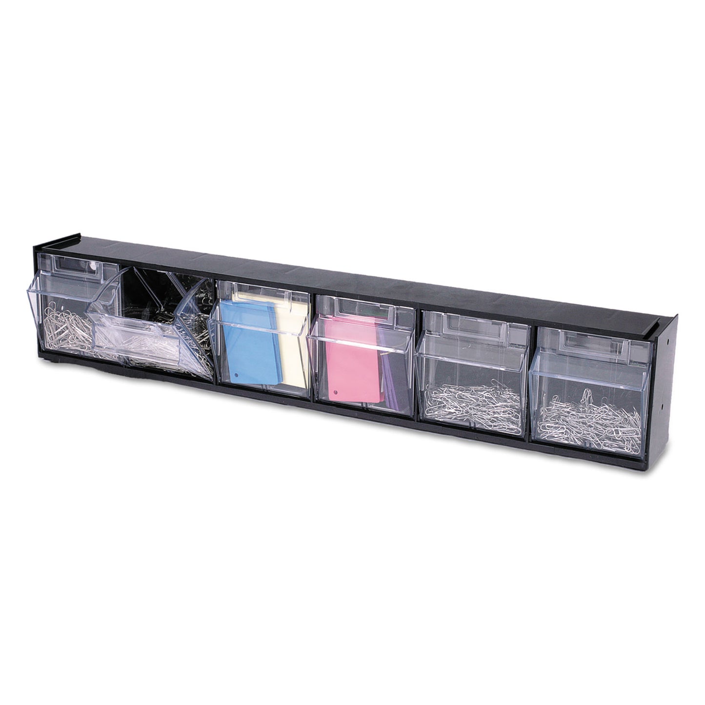 Deflecto Tilt Bin Interlocking Multi-Bin Storage Organizer, 6 Sections, 23.63" x 3.63" x 4.5", Black/Clear (20604OP)
