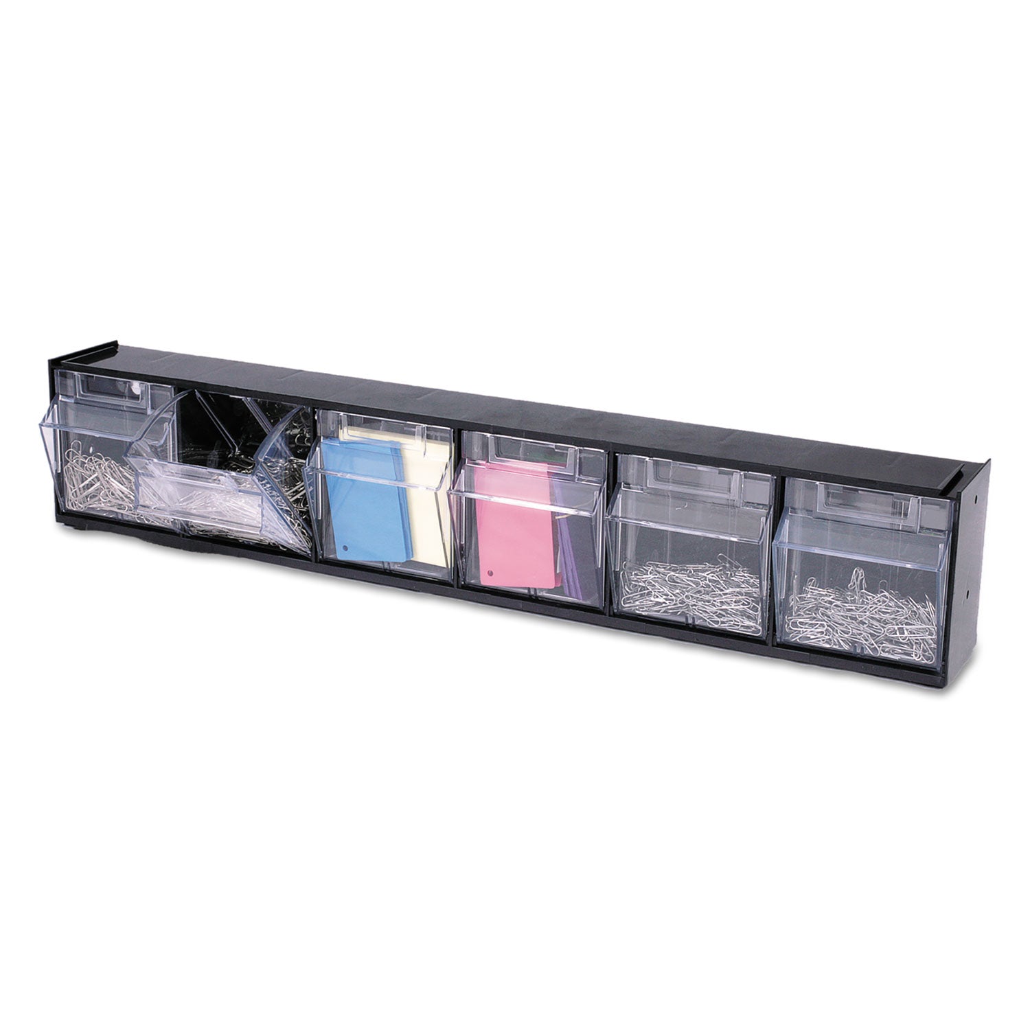 Deflecto Tilt Bin Interlocking Multi-Bin Storage Organizer, 6 Sections, 23.63" x 3.63" x 4.5", Black/Clear (20604OP)