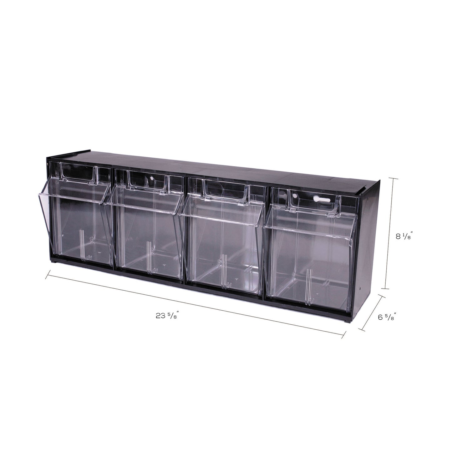 Deflecto Tilt Bin Interlocking Multi-Bin Storage Organizer, 4 Sections, 23.63" x 6.63" x 8.13", Black/Clear (20404OP)