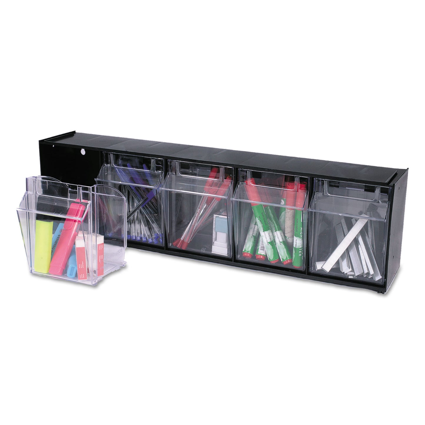 Deflecto Tilt Bin Interlocking Multi-Bin Storage Organizer, 5 Sections, 23.63" x 5.25" x 6.5", Black/Clear (20504OP)