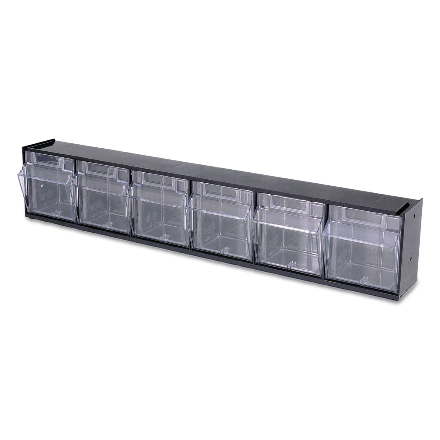 Deflecto Tilt Bin Interlocking Multi-Bin Storage Organizer, 6 Sections, 23.63" x 3.63" x 4.5", Black/Clear (20604OP)