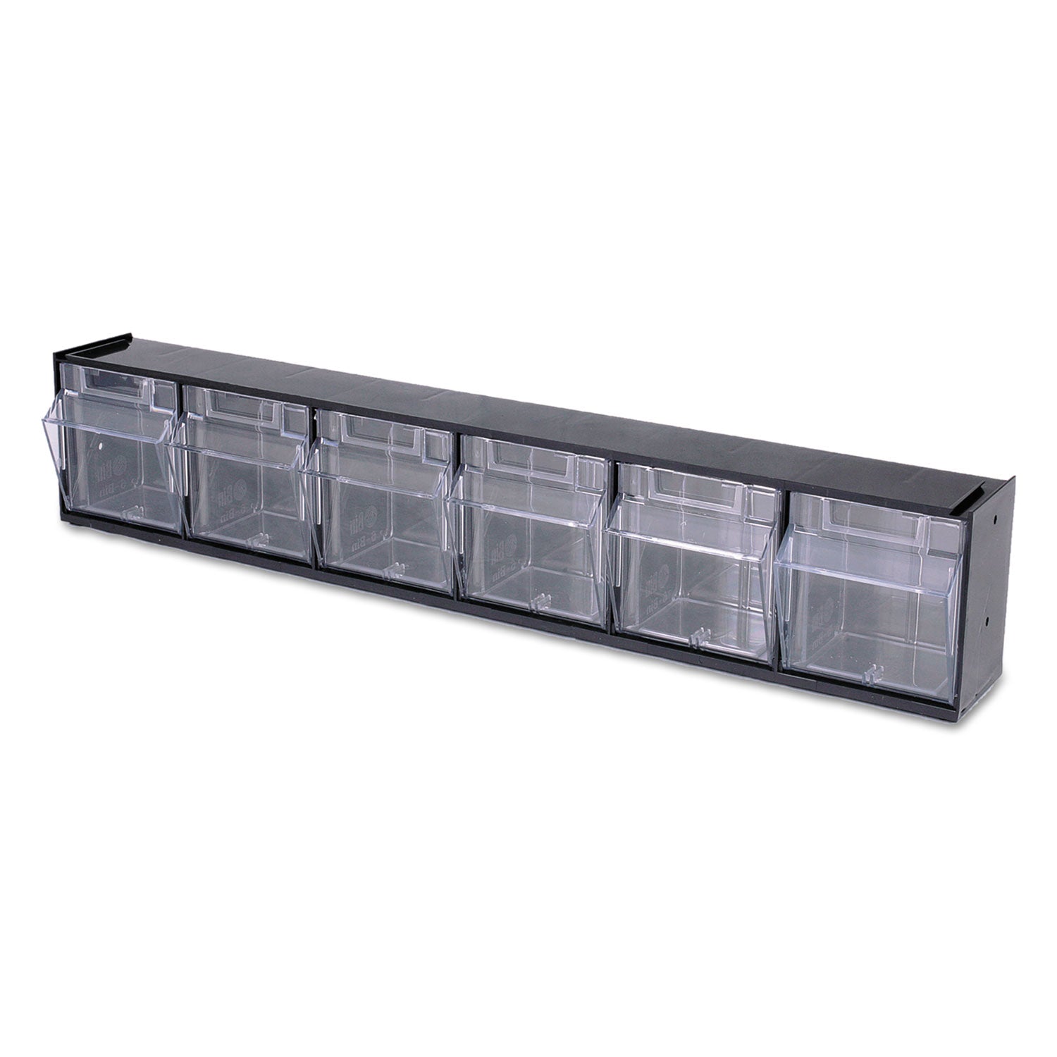 Deflecto Tilt Bin Interlocking Multi-Bin Storage Organizer, 6 Sections, 23.63" x 3.63" x 4.5", Black/Clear (20604OP)
