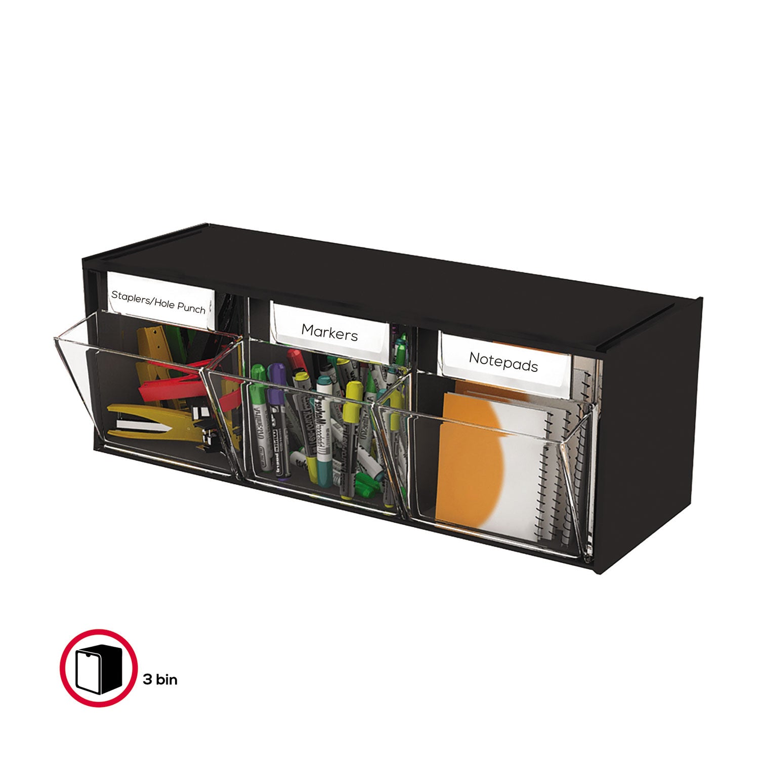 Deflecto Tilt Bin Interlocking Multi-Bin Storage Organizer, 3 Sections, 23.63" x 7.75" x 9.5", Black/Clear (20304OP)