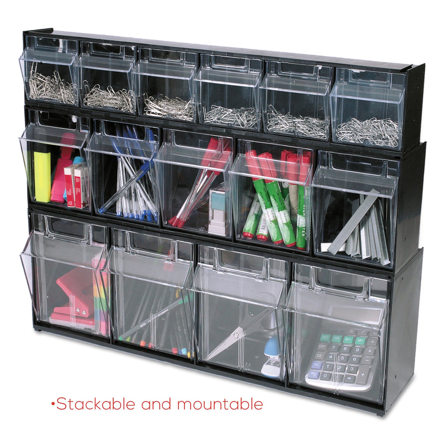 Deflecto Tilt Bin Interlocking Multi-Bin Storage Organizer, 4 Sections, 23.63" x 6.63" x 8.13", Black/Clear (20404OP)