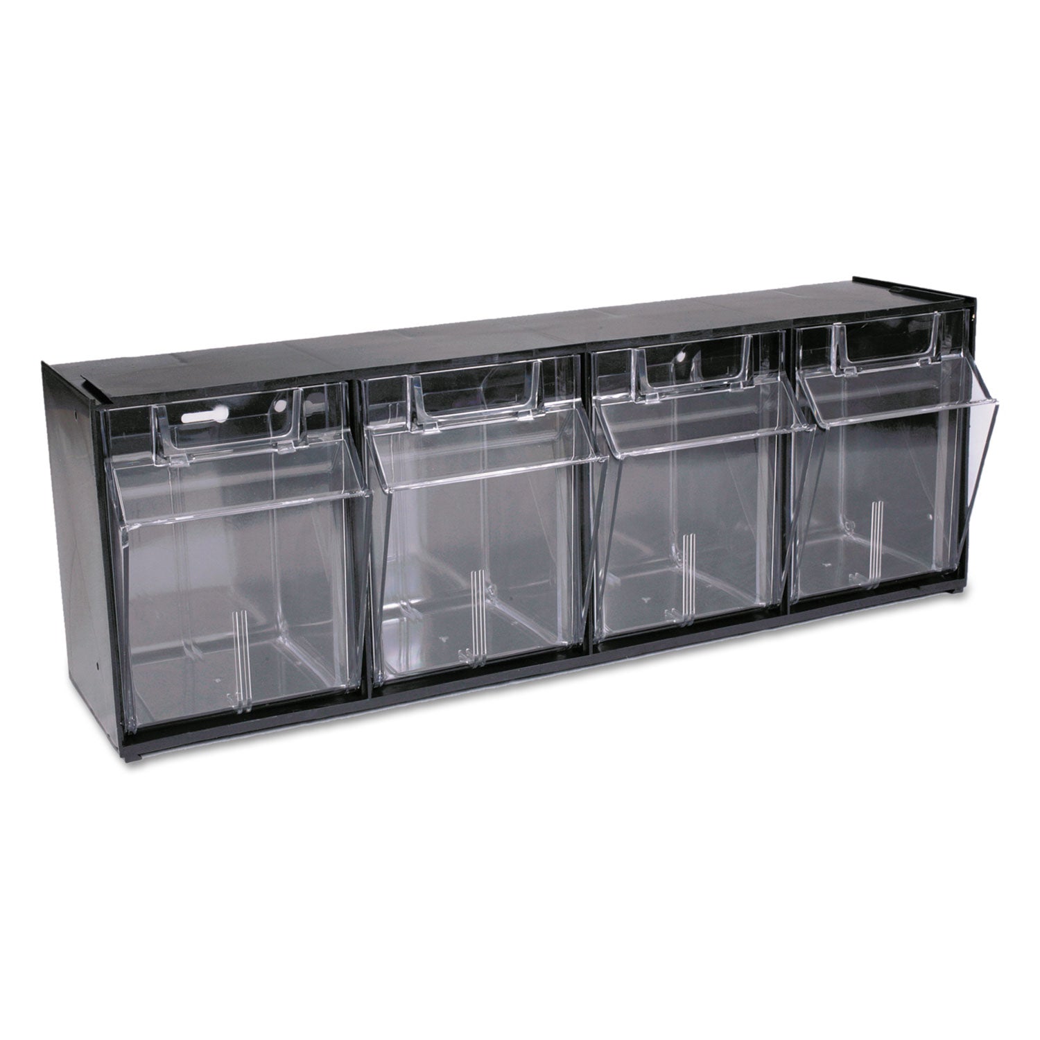 Deflecto Tilt Bin Interlocking Multi-Bin Storage Organizer, 4 Sections, 23.63" x 6.63" x 8.13", Black/Clear (20404OP)