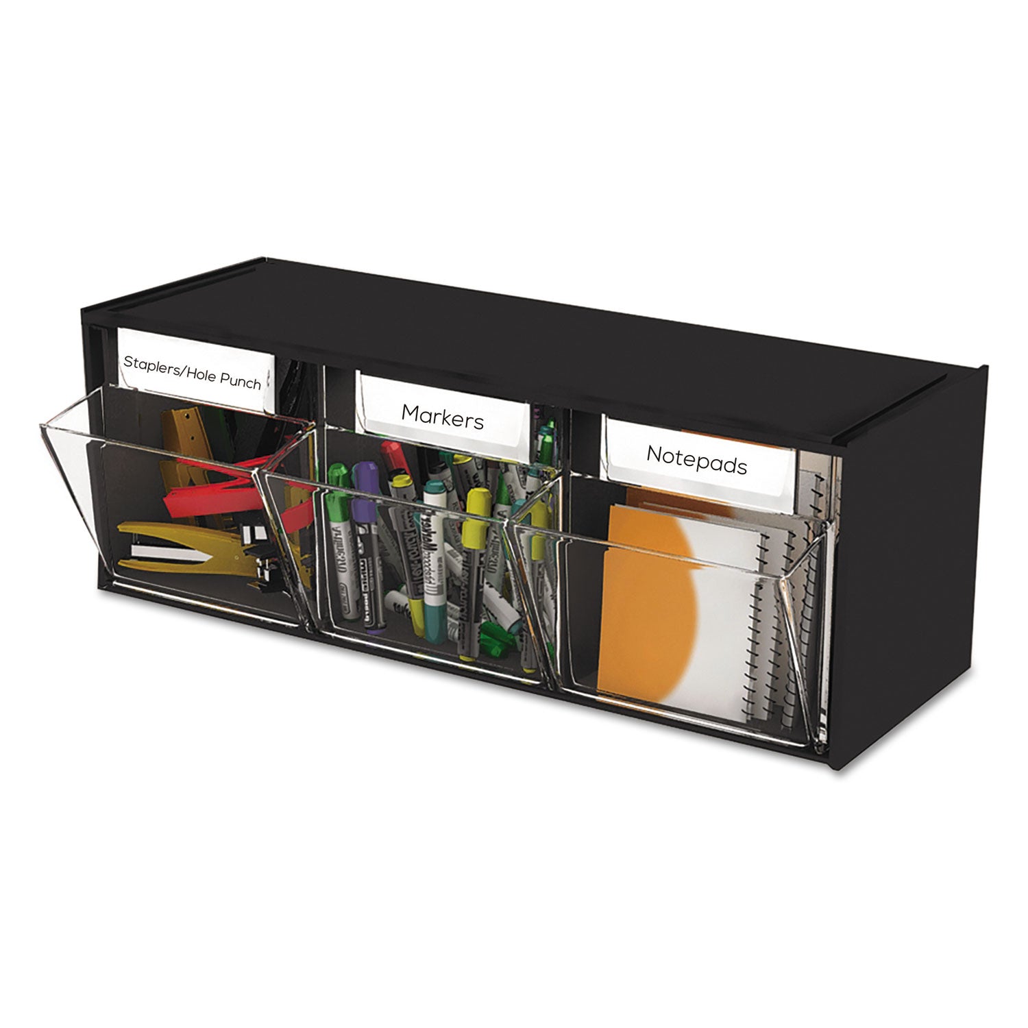 Deflecto Tilt Bin Interlocking Multi-Bin Storage Organizer, 3 Sections, 23.63" x 7.75" x 9.5", Black/Clear (20304OP)