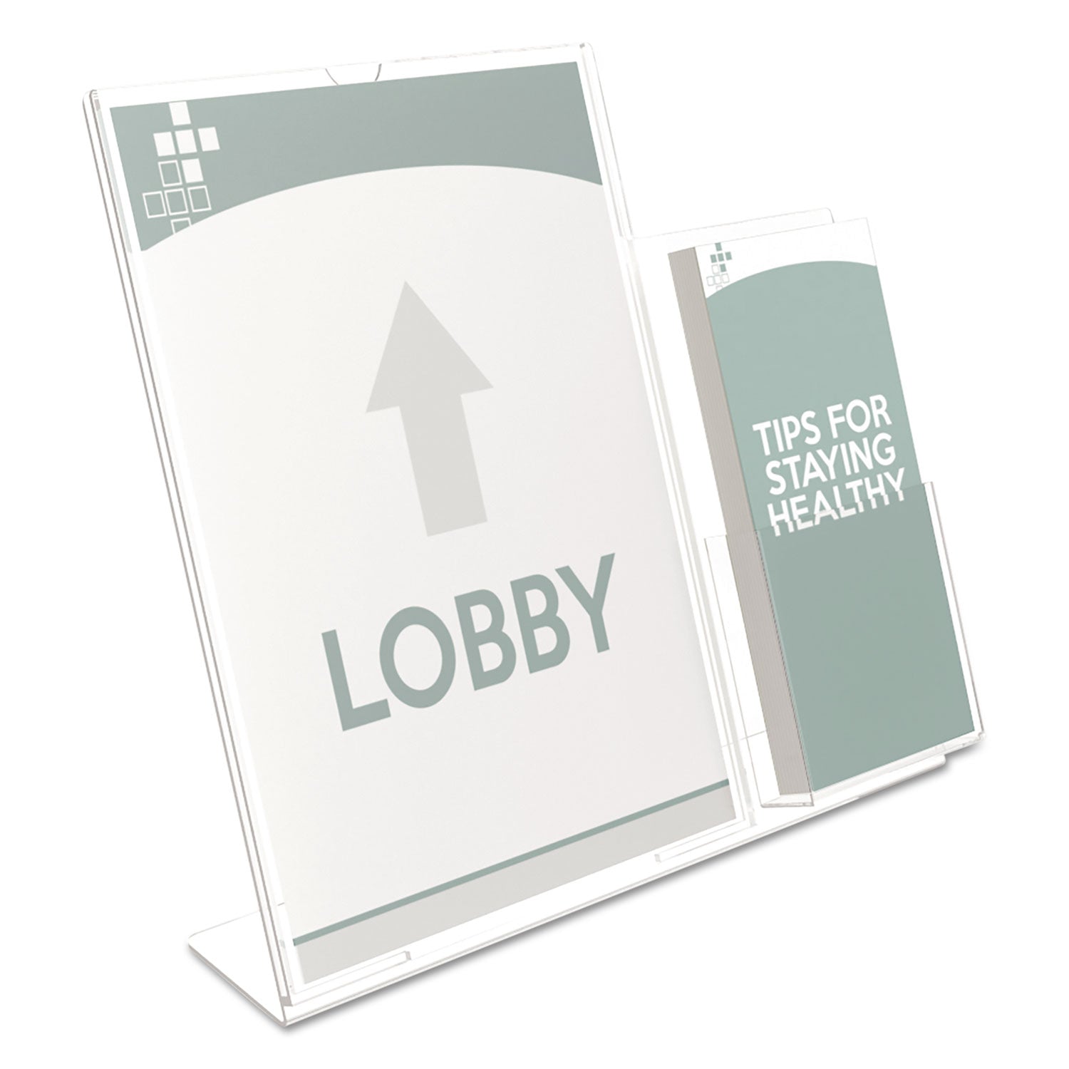 Deflecto Superior Image Slanted Sign Holder with Side Pocket, 13.5w x 4.25d x 10.88h, Clear (599401)