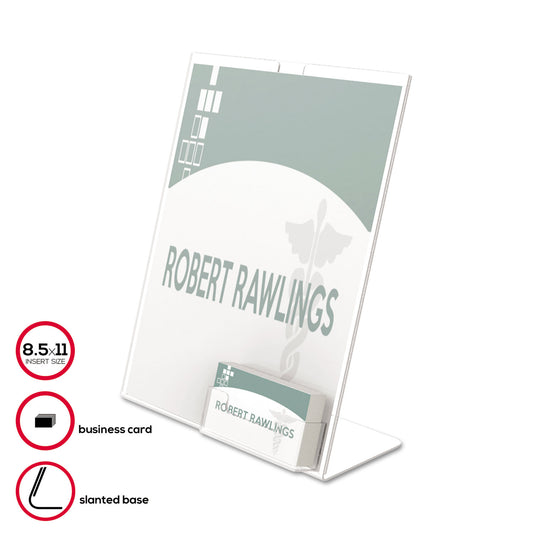 Deflecto Superior Image Slanted Sign Holder with Business Card Holder, 8.5w x 4.5d x 11h, Clear (590601)