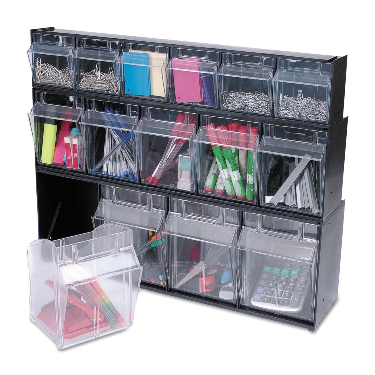 Deflecto Tilt Bin Interlocking Multi-Bin Storage Organizer, 4 Sections, 23.63" x 6.63" x 8.13", Black/Clear (20404OP)