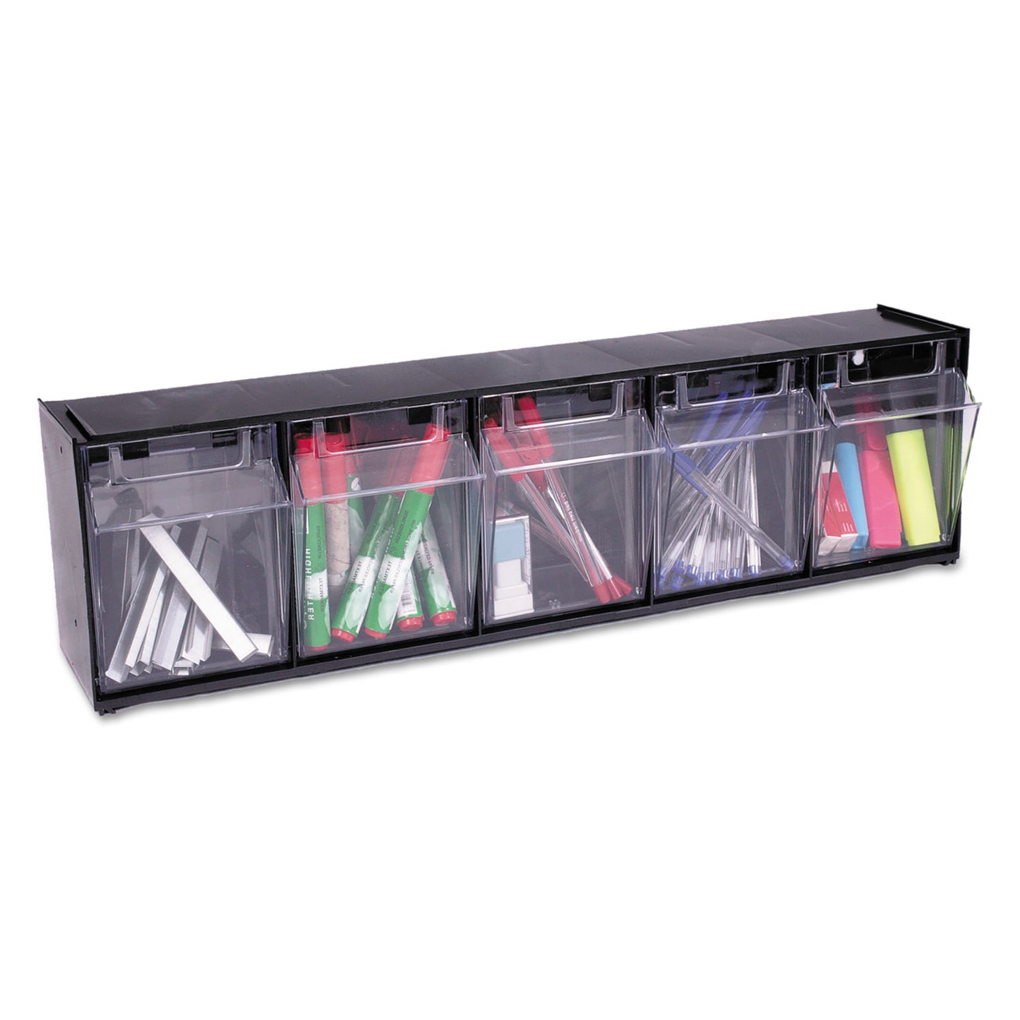 Deflecto Tilt Bin Interlocking Multi-Bin Storage Organizer, 5 Sections, 23.63" x 5.25" x 6.5", Black/Clear (20504OP)