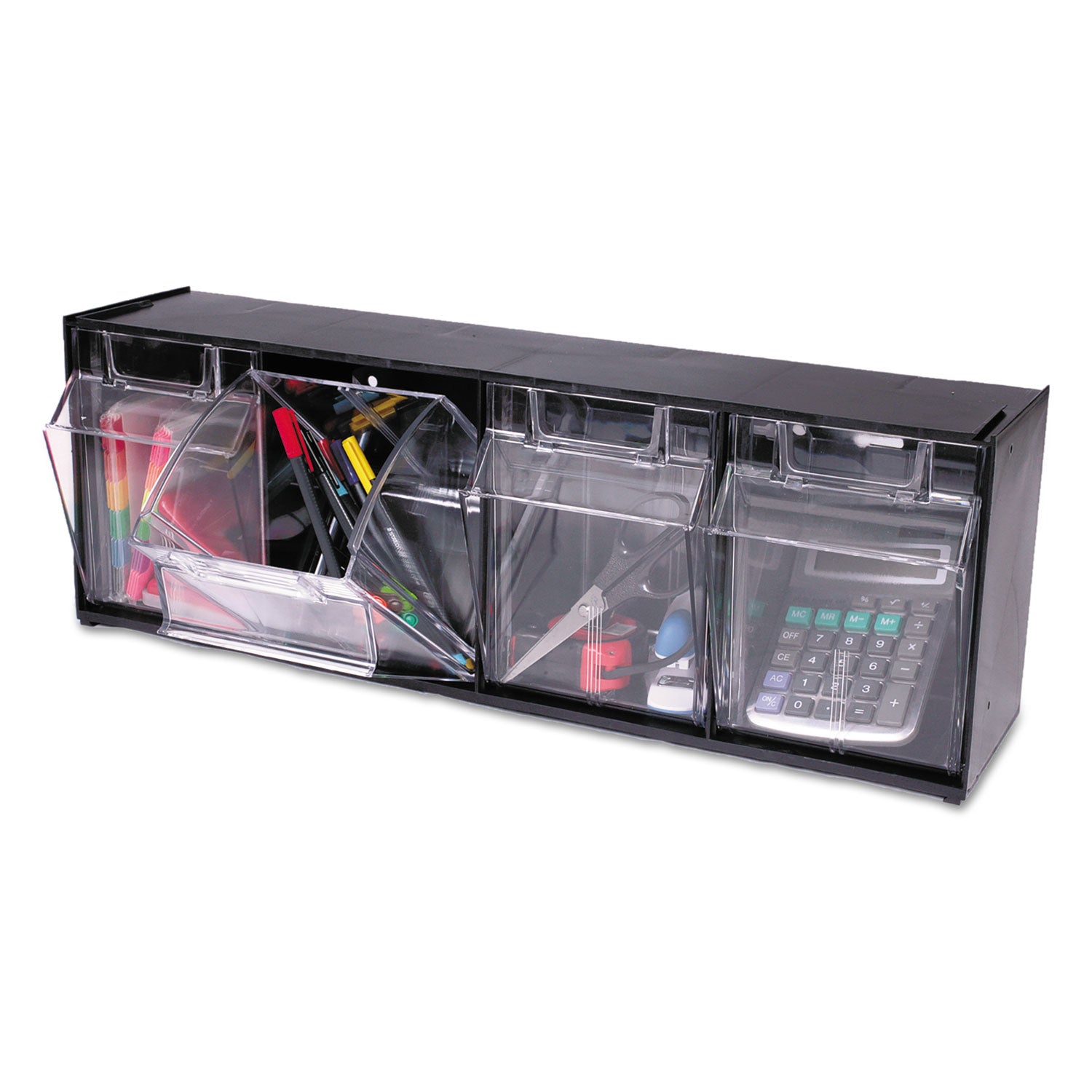 Deflecto Tilt Bin Interlocking Multi-Bin Storage Organizer, 4 Sections, 23.63" x 6.63" x 8.13", Black/Clear (20404OP)