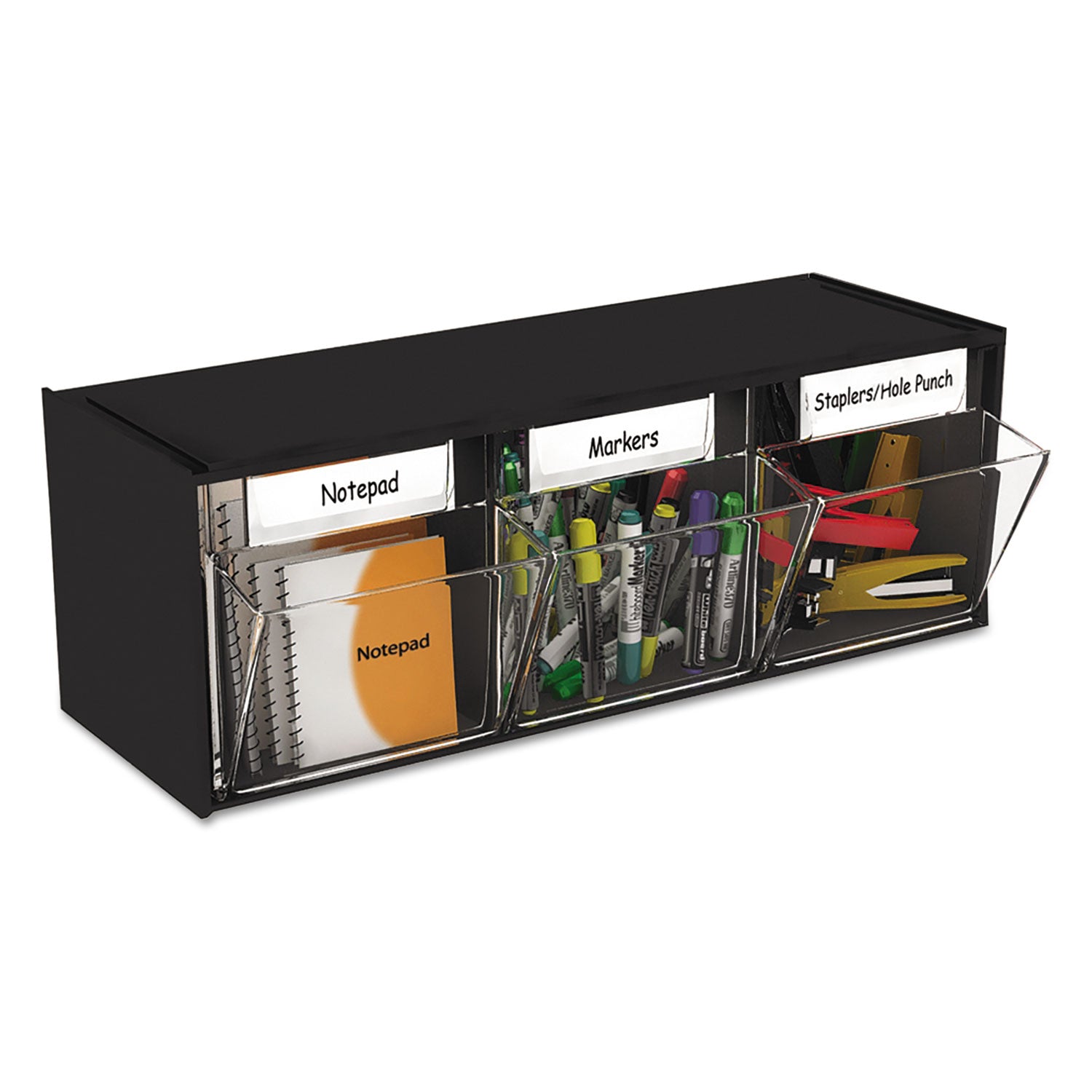 Deflecto Tilt Bin Interlocking Multi-Bin Storage Organizer, 3 Sections, 23.63" x 7.75" x 9.5", Black/Clear (20304OP)