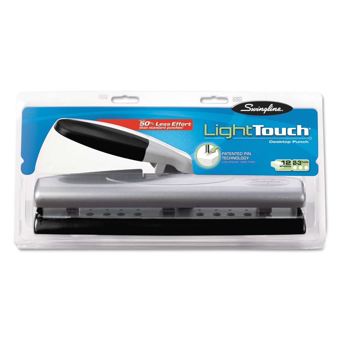 Swingline 12-Sheet LightTouch Desktop Two- to Three-Hole Punch, 9/32" Holes, Black/Silver (74026)