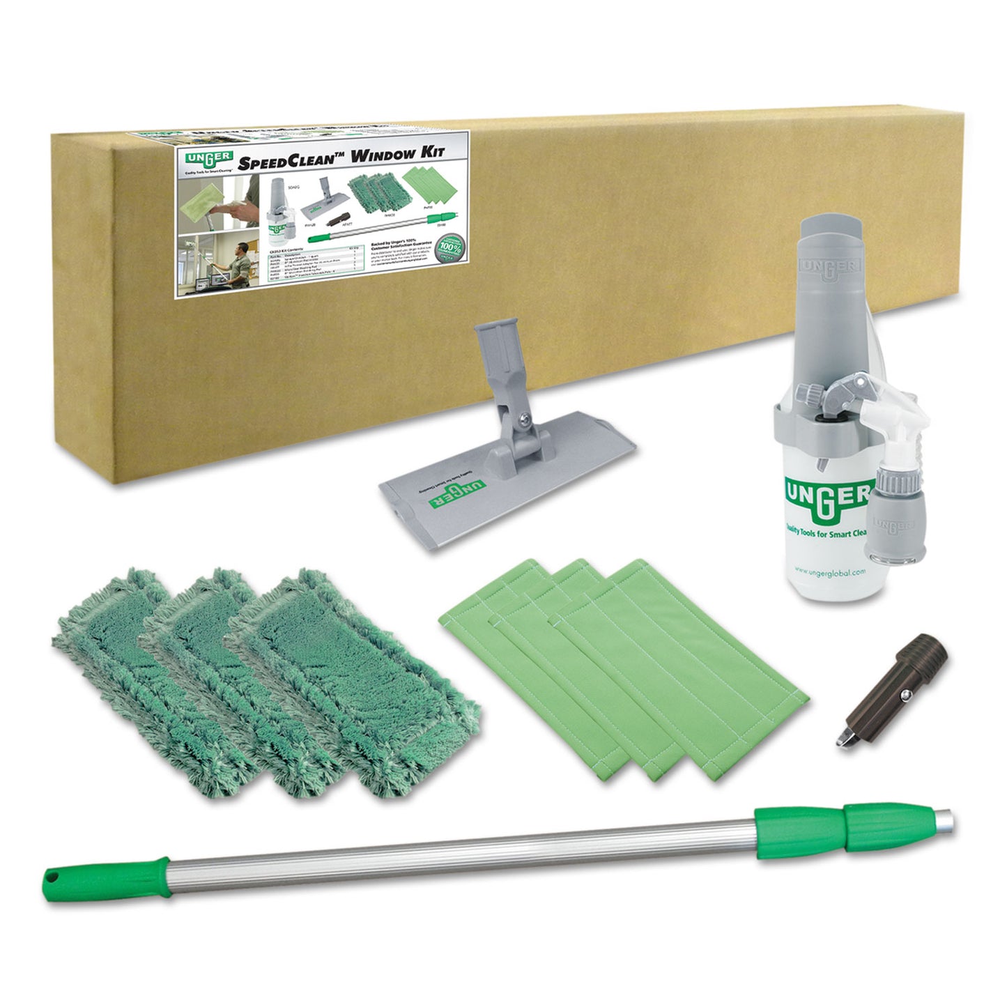 Unger SpeedClean Window Cleaning Kit, 72" to 80", Extension Pole With 8" Pad Holder, Silver/Green (CK053)