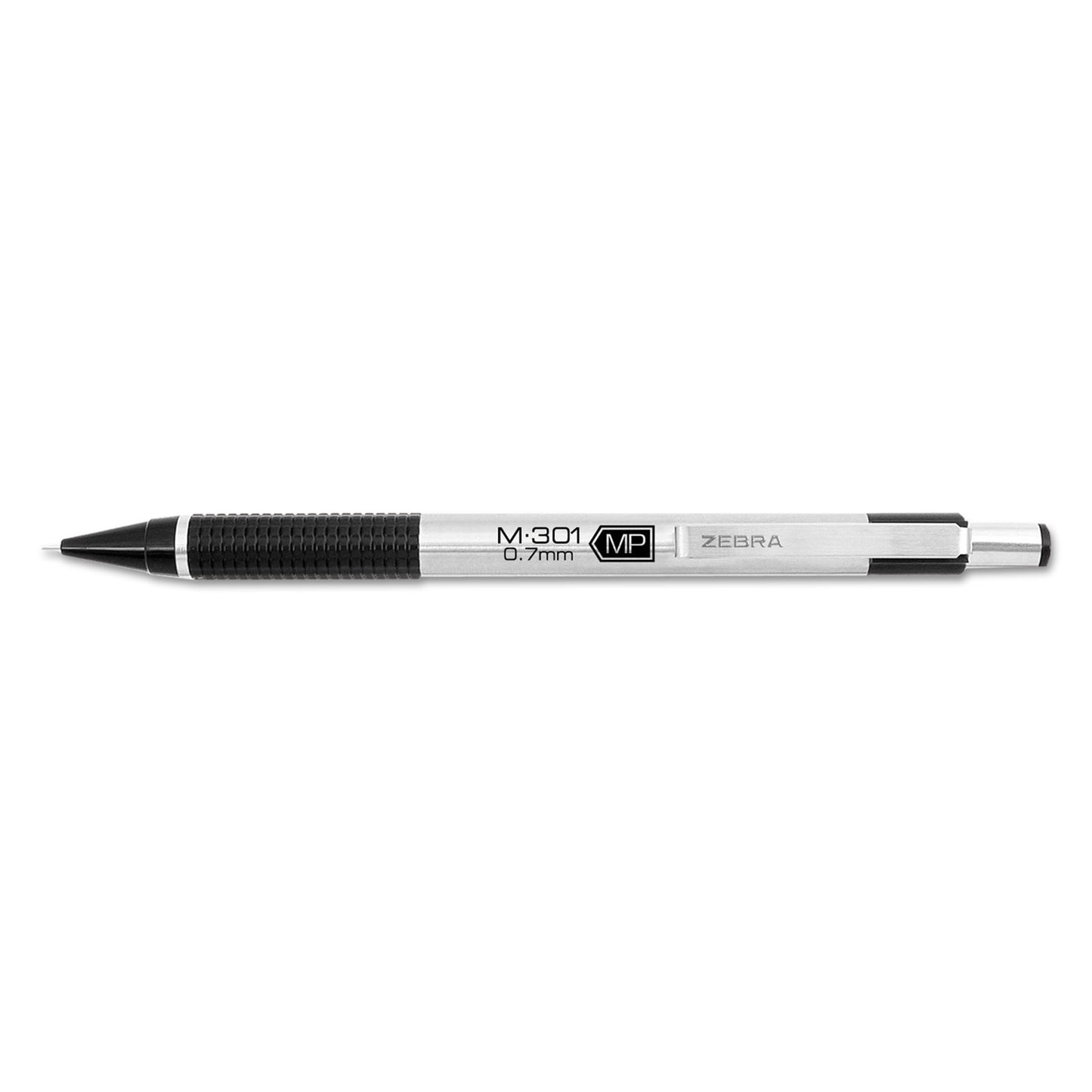 Zebra M-301 Mechanical Pencil, 0.7 mm, HB (#2), Black Lead, Silver/Black Barrel (54310)