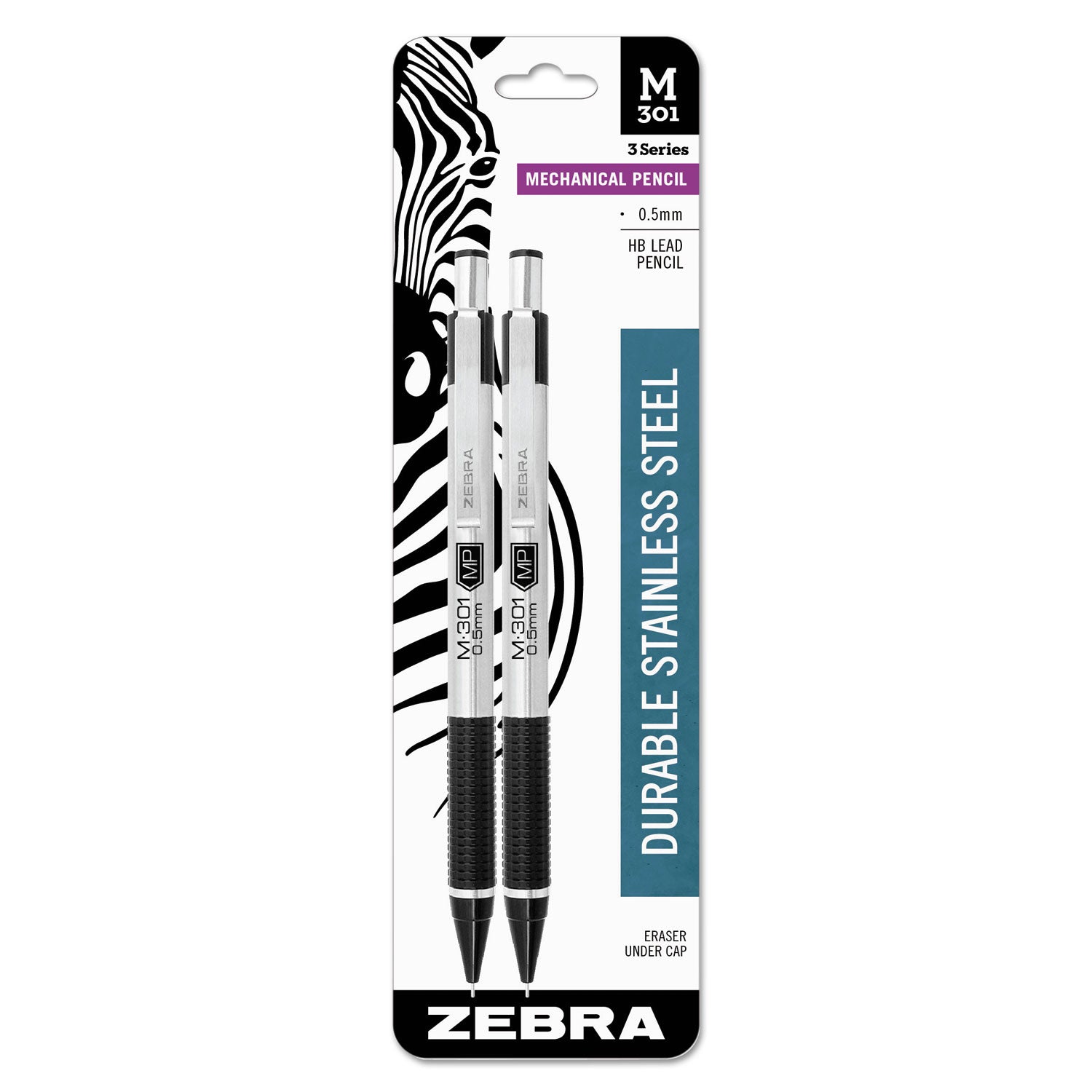 Zebra M-301 Mechanical Pencil, 0.5 mm, HB (#2), Black Lead, Silver/Black Barrel, 2/Pack (54012)