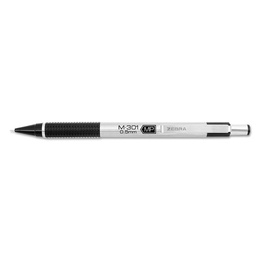 Zebra M-301 Mechanical Pencil, 0.5 mm, HB (#2), Black Lead, Silver/Black Barrel, Dozen (54010)