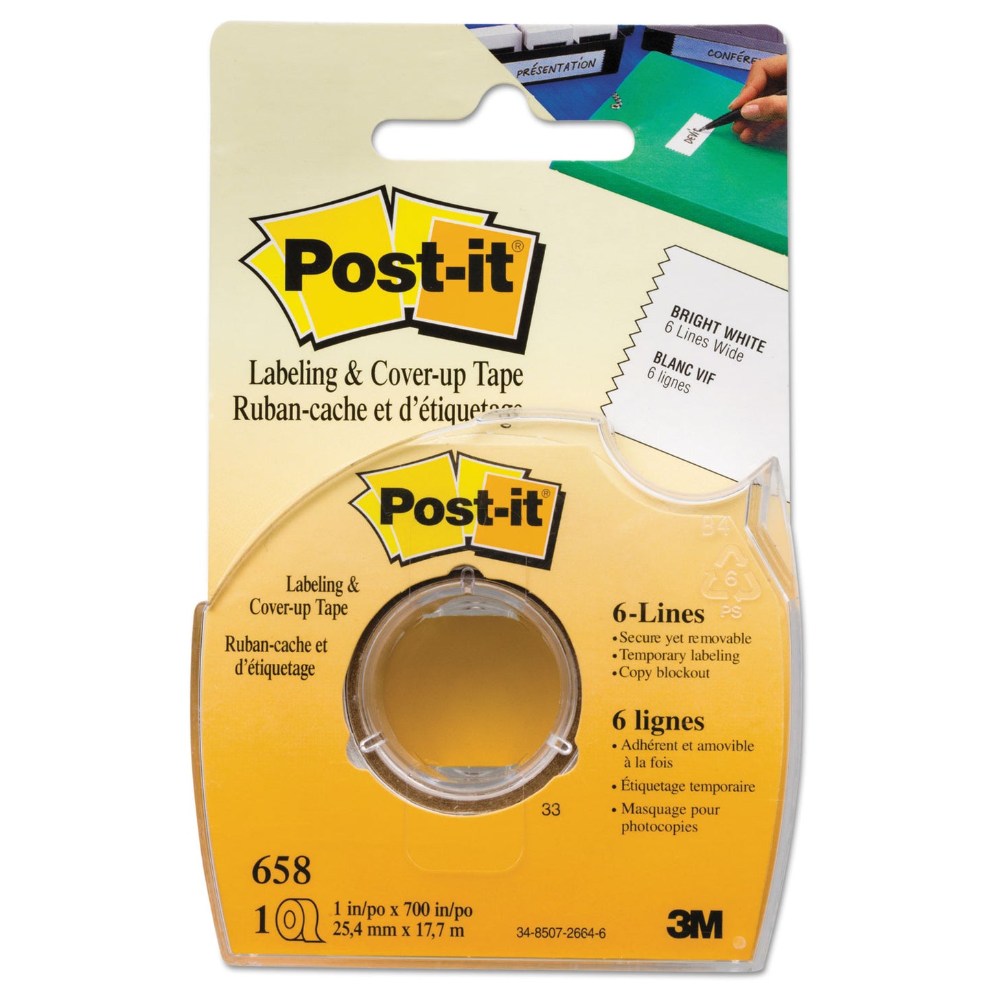 Post-it Labeling and Cover-Up Tape, Non-Refillable, Clear Applicator, 1" x 700" (658)