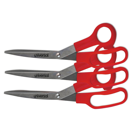 Universal General Purpose Stainless Steel Scissors, 7.75" Long, 3" Cut Length, Offset Red Handle, 3/Pack (92019)