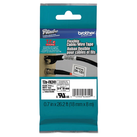 Brother TZe Flexible Tape Cartridge for P-Touch Labelers, 0.7" x 26.2 ft, Black on White (TZEFX241)