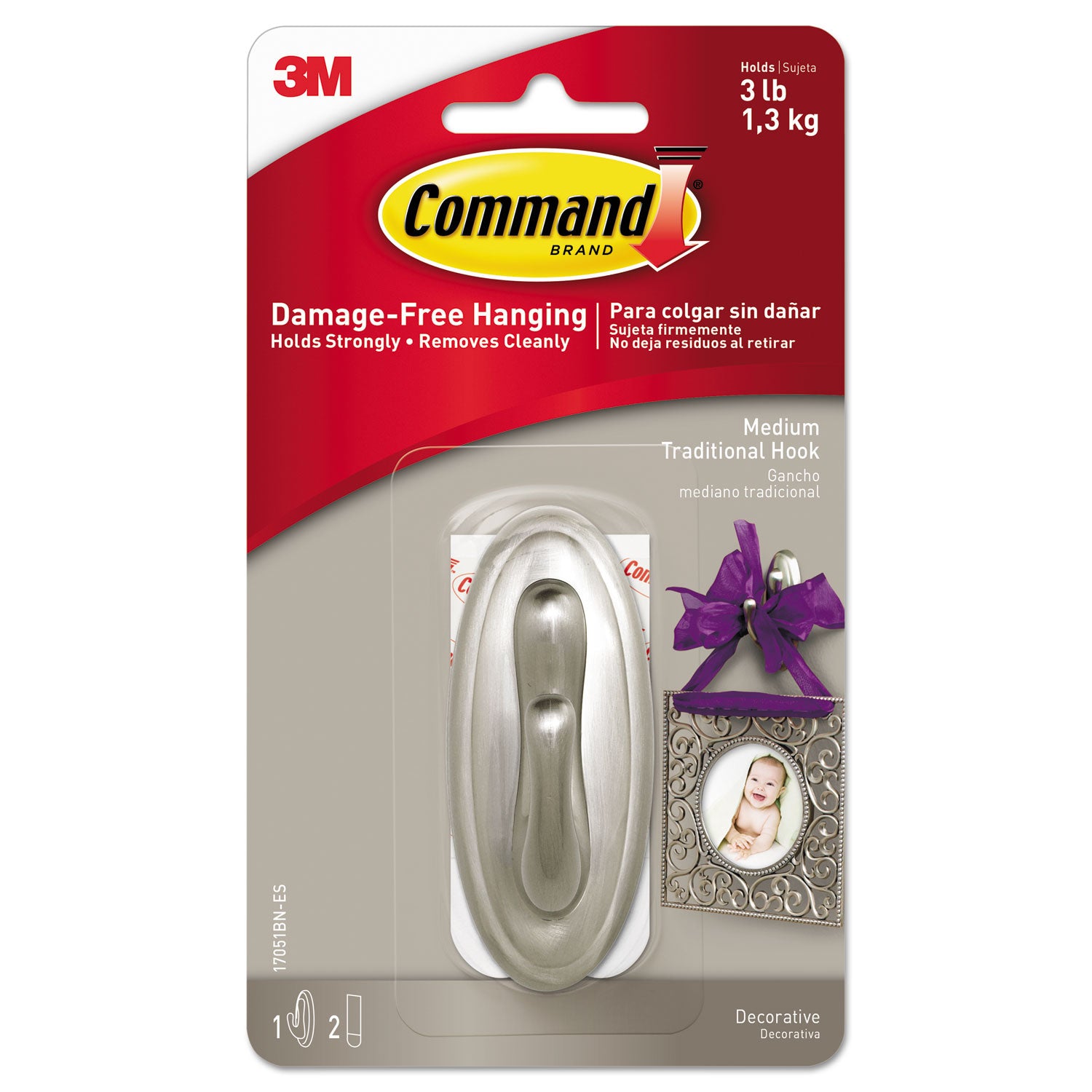 Command Decorative Hooks, Traditional, Medium, Plastic, Brushed Nickel, 3 lb Capacity, 1 Hook and 2 Strips/Pack (17051BNES)