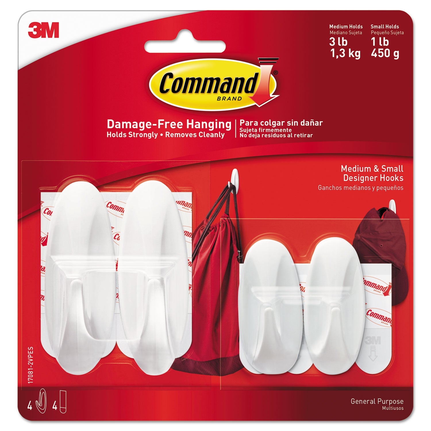 Command General Purpose Designer Hooks, Small/Medium, Plastic, White, 1lb and 3 lb Capacities, 4 Hooks and 4 Strips/Pack (170812VPES)