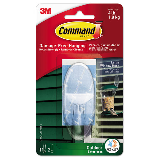 Command All Weather Hooks and Strips, Large, Plastic, Clear, 4 lb Capacity, 1 Hook and 2 Strips/Pack (17093CLRAWES)