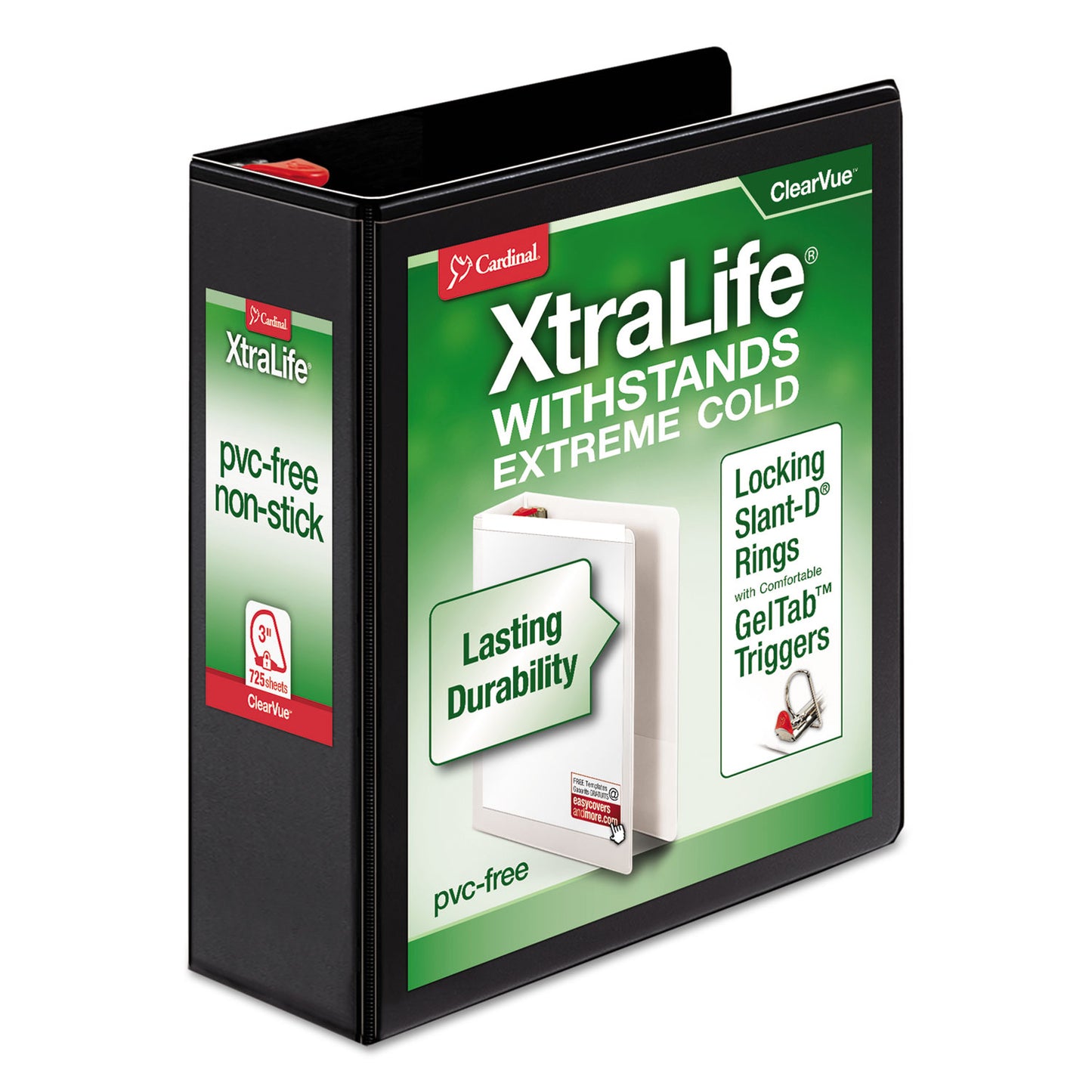 Cardinal XtraLife ClearVue Non-Stick Locking Slant-D Ring Binder, 3 Rings, 3" Capacity, 11 x 8.5, Black (26331)