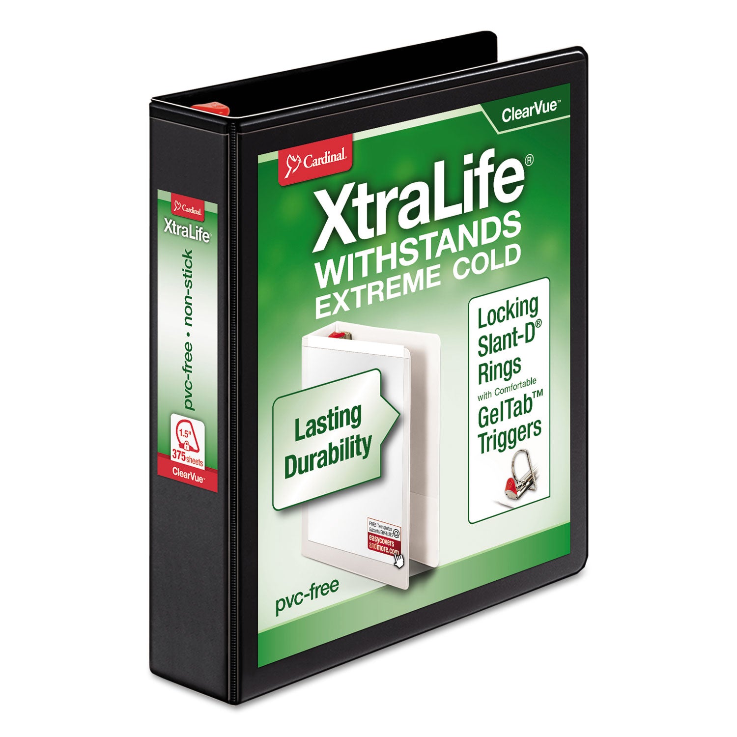 Cardinal XtraLife ClearVue Non-Stick Locking Slant-D Ring Binder, 3 Rings, 1.5" Capacity, 11 x 8.5, Black (26311)