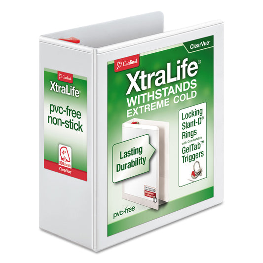 Cardinal XtraLife ClearVue Non-Stick Locking Slant-D Ring Binder, 3 Rings, 4" Capacity, 11 x 8.5, White (26340)