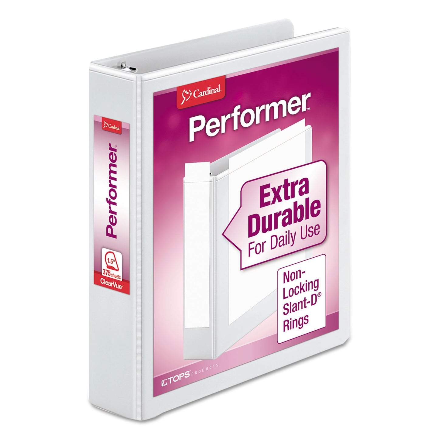 Cardinal Performer ClearVue Slant-D Ring Binder, 3 Rings, 1.5" Capacity, 11 x 8.5, White (17400)