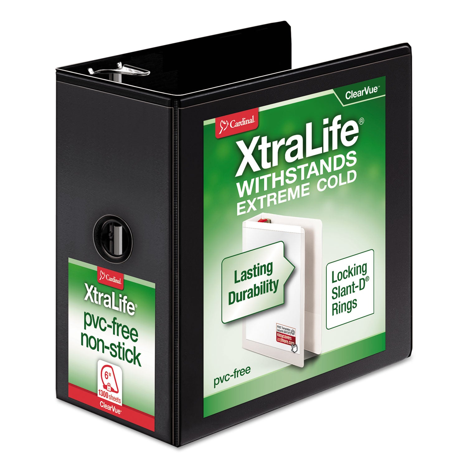 Cardinal XtraLife ClearVue Non-Stick Locking Slant-D Ring Binder, 3 Rings, 6" Capacity, 11 x 8.5, Black (26361)