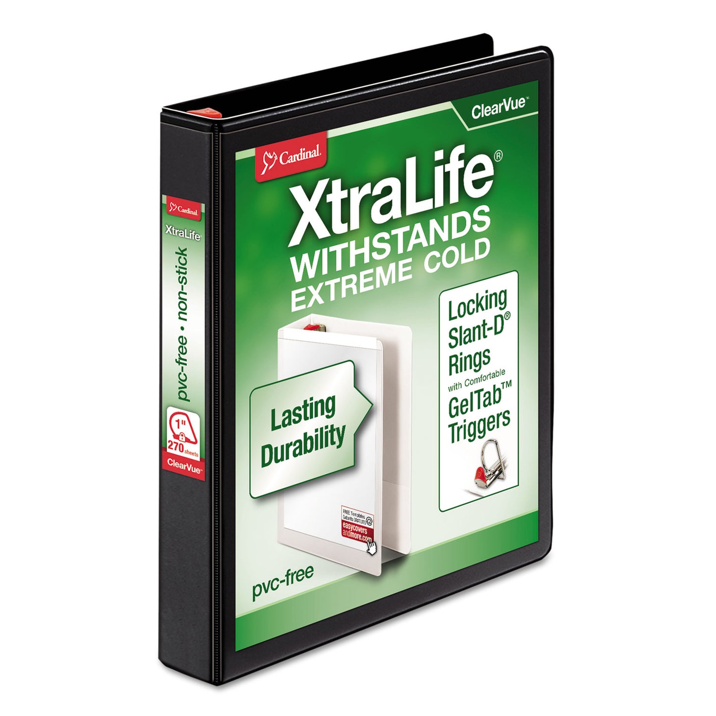 Cardinal XtraLife ClearVue Non-Stick Locking Slant-D Ring Binder, 3 Rings, 1" Capacity, 11 x 8.5, Black (26301)