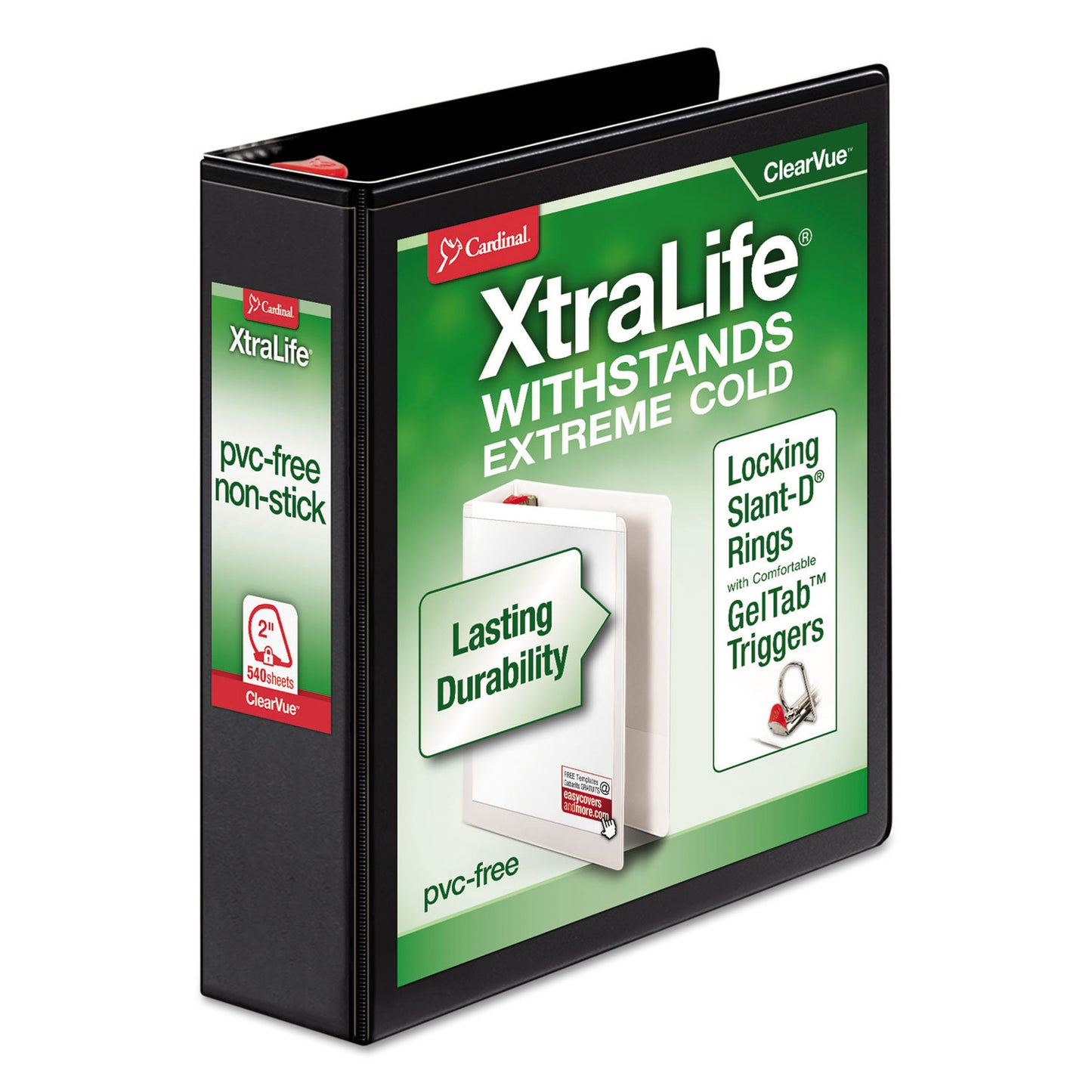 Cardinal XtraLife ClearVue Non-Stick Locking Slant-D Ring Binder, 3 Rings, 2" Capacity, 11 x 8.5, Black (26321)