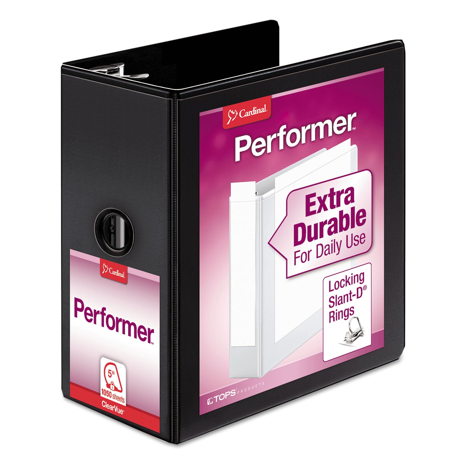 Cardinal Performer ClearVue Slant-D Ring Binder, 3 Rings, 5" Capacity, 11 x 8.5, Black (17951)